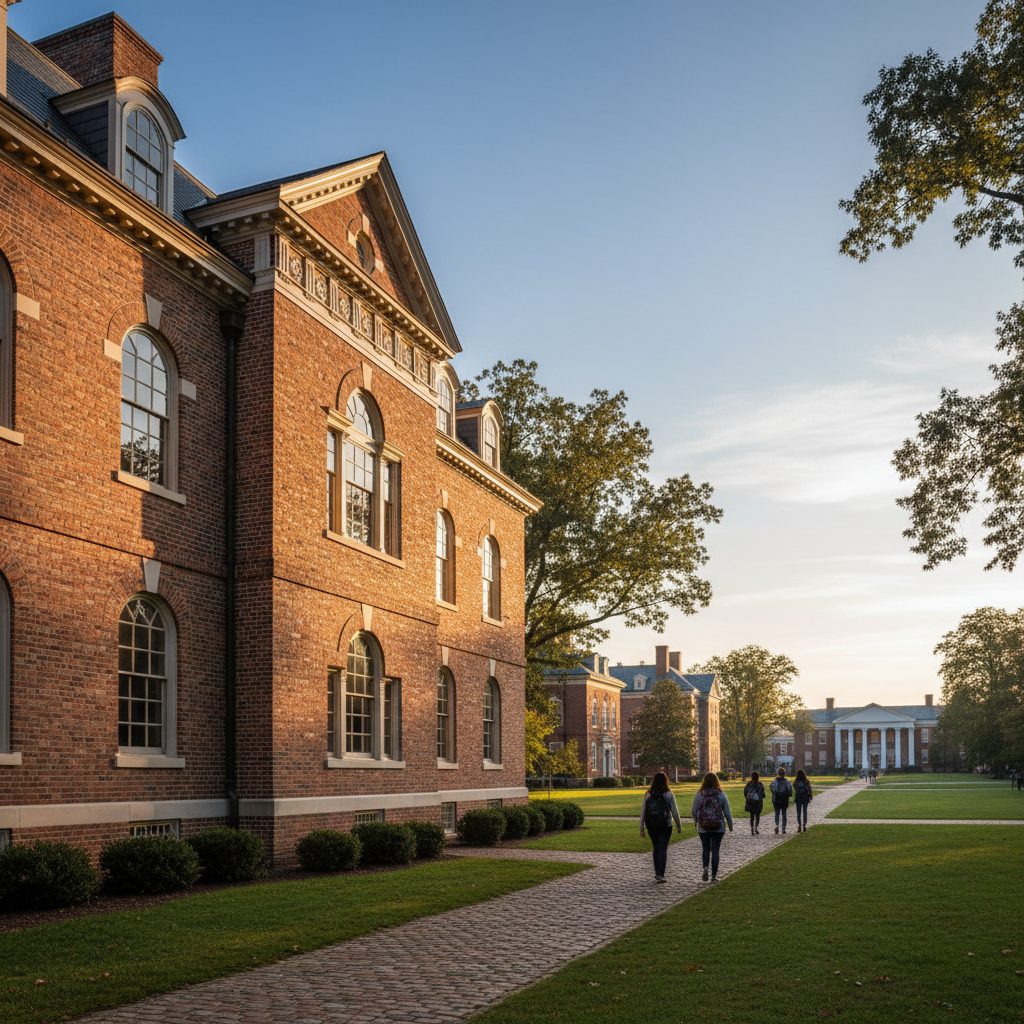 Historic brick residential building in Charlottesville, Virginia near UVA Grounds — warm morning light on classic architectural facade