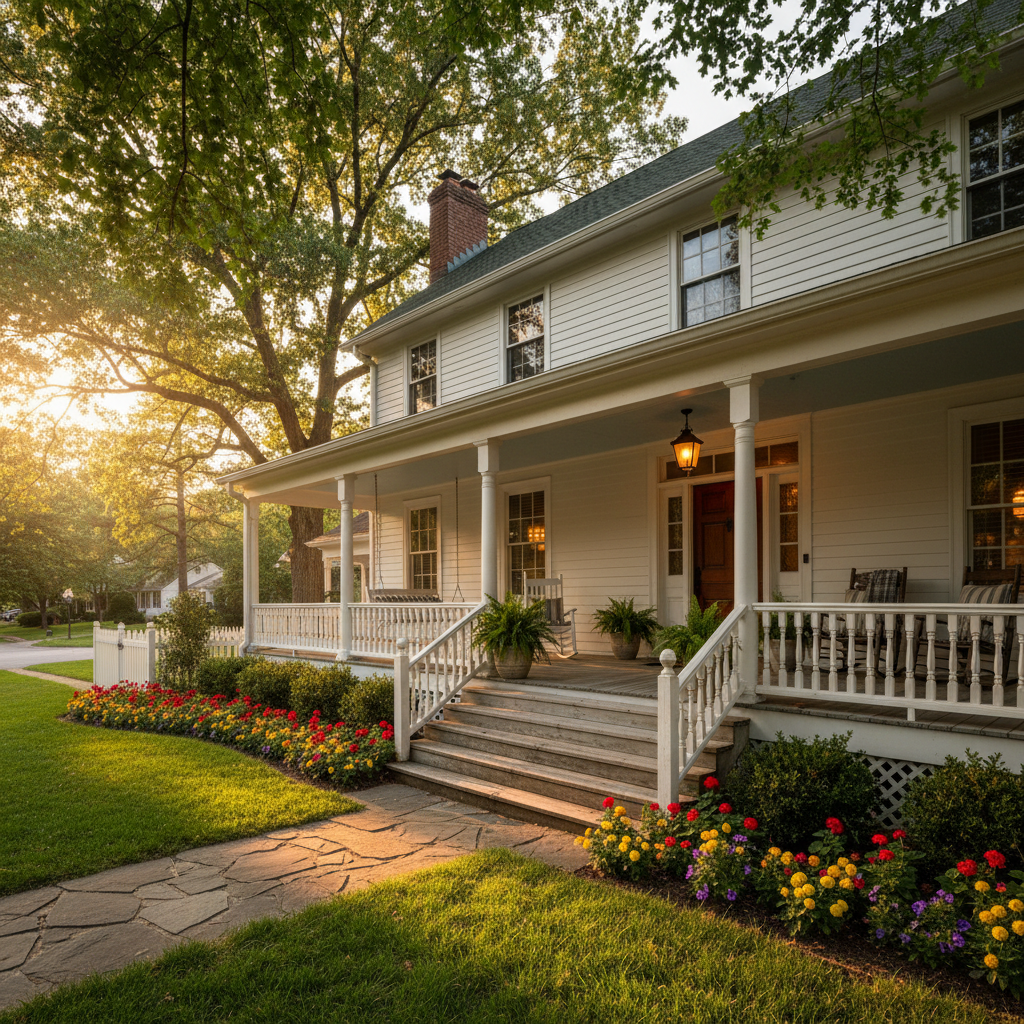 Historic brick residential home with columned porch and mature landscaping in Charlottesville, Virginia — warm golden hour light, classic American architecture
